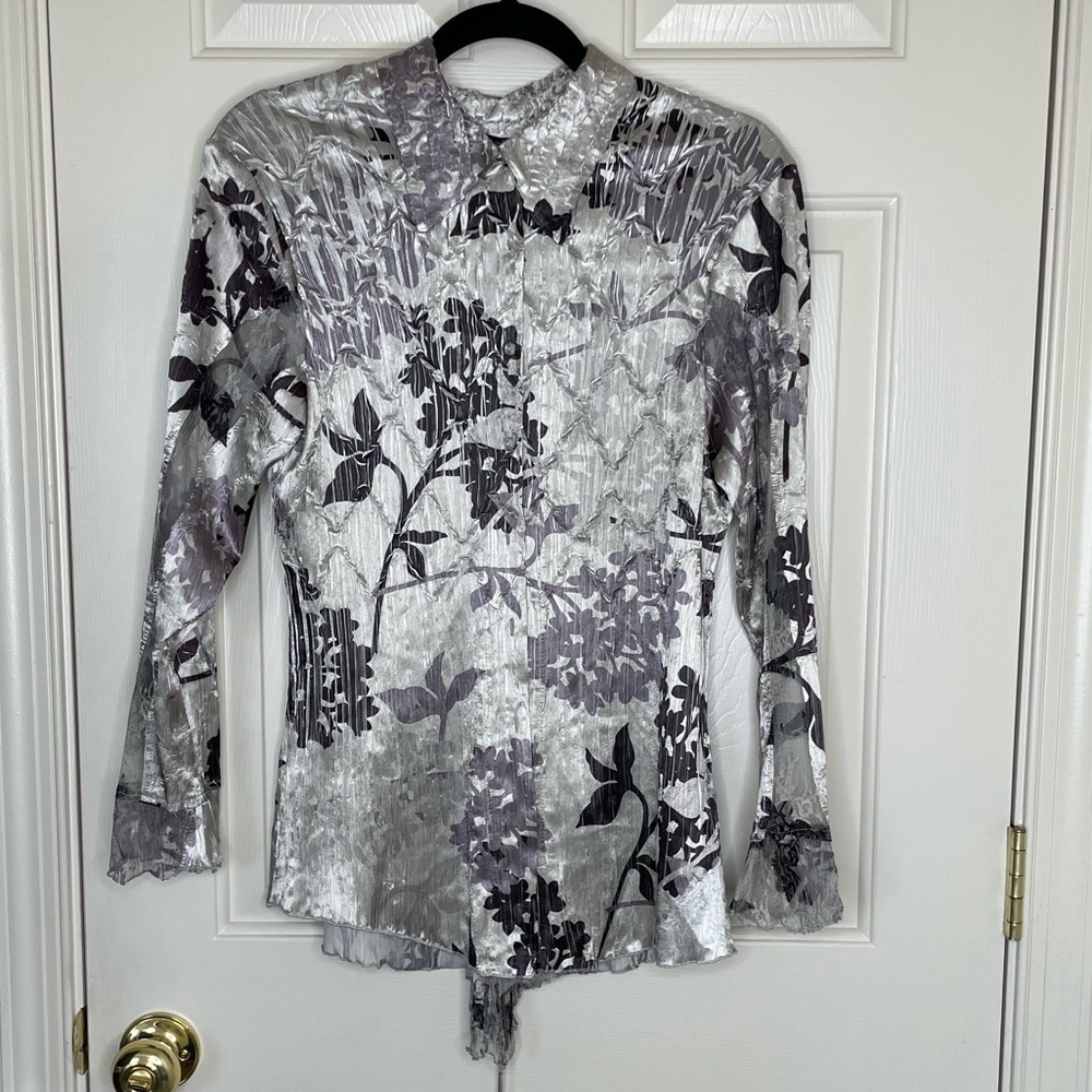 Vintage Komarov Silver Floral Crinkle Blouse Sheer Bell Sleeve Lace-Up Top | S